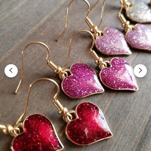 SET OF THREE Glittering Heart Resin Earrings Gold Earrings Pink Red & Magenta